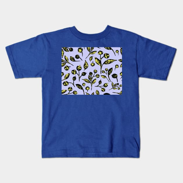 Seamless pattern with snow-covered berries. Hand drawn watercolor blueberries and leaves on lilac. Perfect for greeting card, postcard, poster, logo, textile, fabric, packaging, wrapping paper. Kids T-Shirt by Olesya Pugach